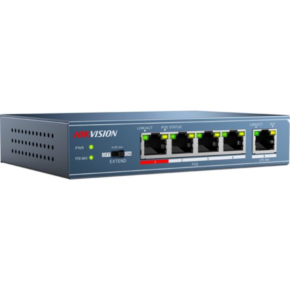 Hikvision DS-3E0105P-E 5 portos PoE switch (58 W); 4 PoE + 1 uplink port; nem menedzselhető
