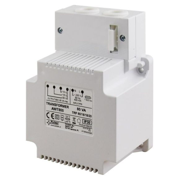 Pulsar AWT800 Transzformátor; 230 VAC / 16/18/20 VAC, 80 VA; IP30