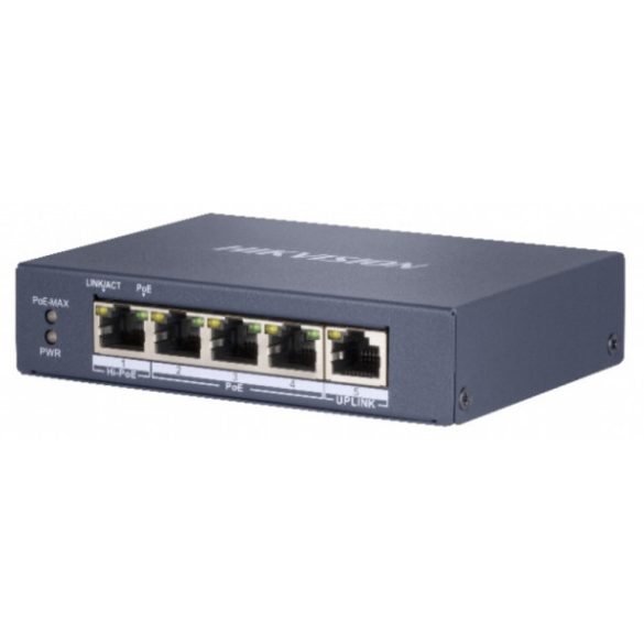 Hikvision DS-3E0505HP-E 5 portos Gbit PoE switch (60 W); 3 PoE+ / 1 HiPoE / 1 uplink port