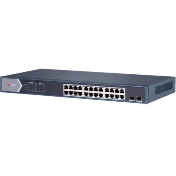 Hikvision DS-3E0526P-E/M 26 portos Gbit PoE switch (225 W); 24 PoE + 2 SFP uplink port; nem menedzselhető