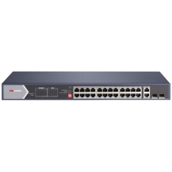 Hikvision DS-3E0528HP-E 28 portos Gbit PoE switch (370 W); 20 PoE+ / 4 HiPoE / 2 RJ45 + 2 SFP uplink port
