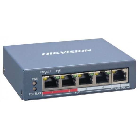 Hikvision DS-3E1105P-EI/M 5 portos PoE switch (45 W); 4 PoE + 1 uplink port; menedzselhető