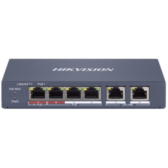 Hikvision DS-3E1106HP-EI 6 portos PoE switch (60 W); 1 HiPoE + 3 PoE+(at) + 2 uplink port; smart menedzselhető