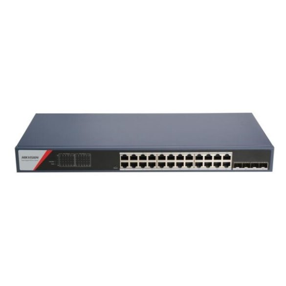 Hikvision DS-3E1528P-SI-24P4F 28 portos Gbit PoE switch (370 W); 24 PoE + 4 SFP uplink port; smart menedzselhető