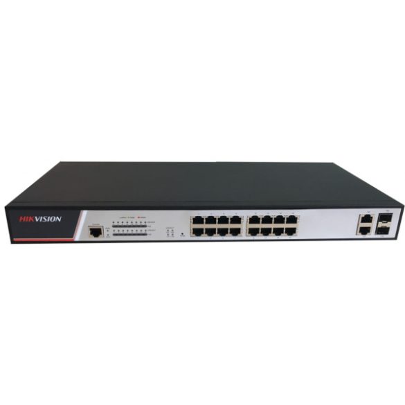Hikvision DS-3E2318P 18 portos PoE switch (300 W); 16 PoE + 2 kombinált uplink port; teljesen menedzselhető
