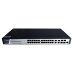   Hikvision DS-3E2528P(B) 28 portos gigabit PoE switch (370 W); 24 PoE + 4 kombinált uplink port; teljesen menedzselhető
