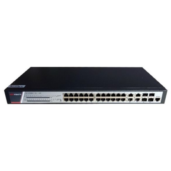 Hikvision DS-3E2528P(B) 28 portos gigabit PoE switch (370 W); 24 PoE + 4 combo uplink port; teljesen menedzselhető