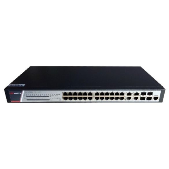 Hikvision DS-3E2528P(B) 28 portos gigabit PoE switch (370 W); 24 PoE + 4 kombinált uplink port; teljesen menedzselhető