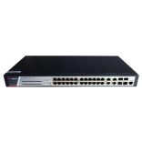 Hikvision DS-3E2528P(B) 28 portos gigabit PoE switch (370 W); 24 PoE + 4 kombinált uplink port; teljesen menedzselhető
