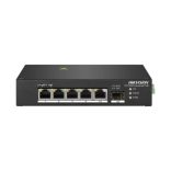Hikvision DS-3T0306HP 6 portos ipari PoE switch (110 W); 4 PoE / 1 HiPoE+ / 1 RJ45 + 1 SFP uplink port; nem menedzselhető