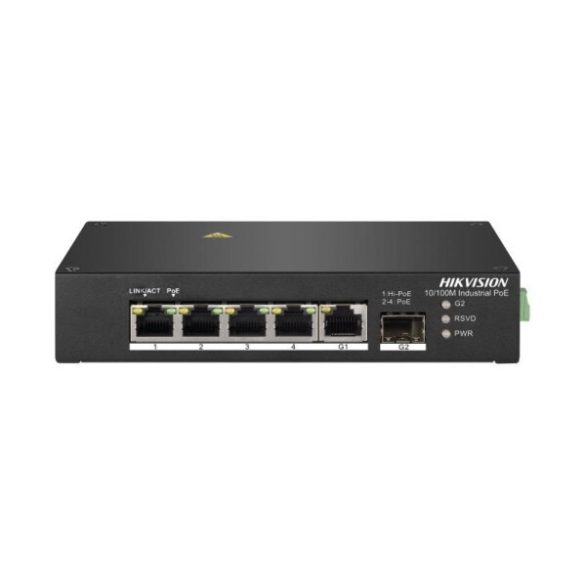 Hikvision DS-3T0306HP 6 portos ipari PoE switch (110 W); 4 PoE / 1 HiPoe+ / 1 RJ45 + 1 SFP uplink port; nem menedzselhető