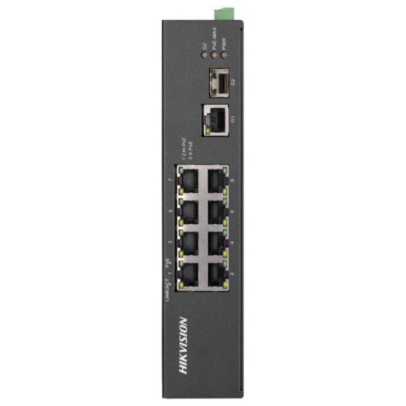Hikvision DS-3T0310HP-E/HS 10 portos ipari PoE switch (110 W); 6 PoE+ / 2 HiPoE / 1 RJ45 + 1 SFP uplink port