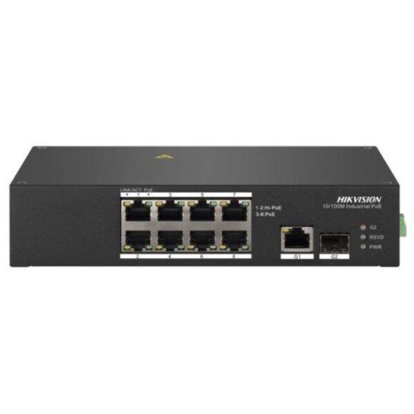 Hikvision DS-3T0310HP 10 portos ipari PoE switch (110 W); 6 PoE / 2 HiPoE+ / 1 RJ45 + 1 SFP uplink port; nem menedzselhető