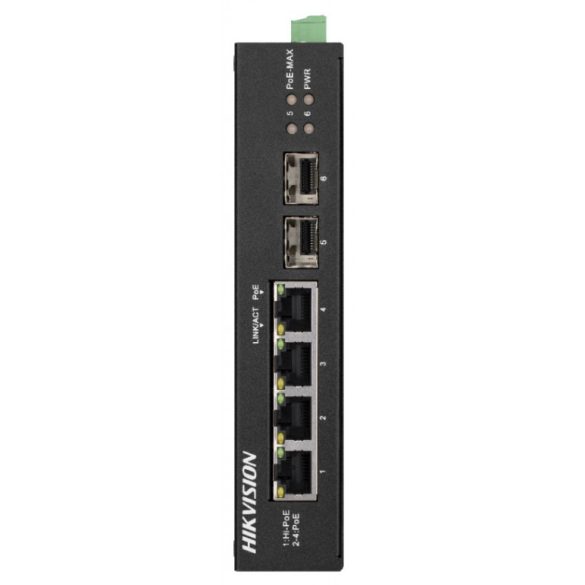 Hikvision DS-3T0506HP-E/HS 6 portos ipari Gbit PoE switch (60 W); 3 PoE+ / 1 HiPoe / 2 SFP uplink port; nem menedzselhető