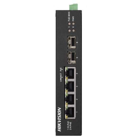 Hikvision DS-3T0506HP-E/HS 6 portos ipari Gbit PoE switch (60 W); 3 PoE+ / 1 HiPoE / 2 SFP uplink port; nem menedzselhető