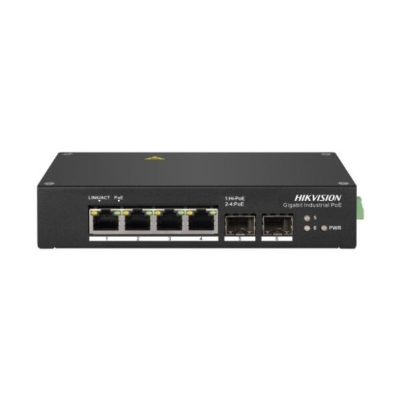 Hikvision DS-3T0506HP 6 portos ipari Gbit PoE switch (110 W); 3 PoE+ / 1 HiPoe+ / 2 SFP uplink port; nem menedzselhető