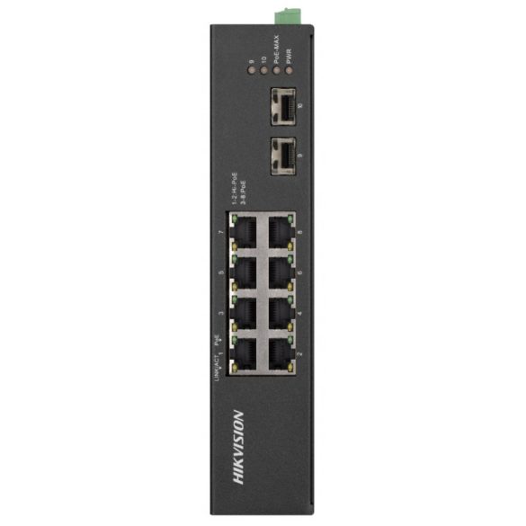 Hikvision DS-3T0510HP-E/HS 10 portos ipari Gbit PoE switch (110 W); 6 PoE+ / 2 HiPoE / 2 SFP uplink port; nem menedzselhető