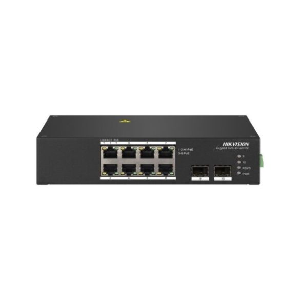 Hikvision DS-3T0510HP 10 portos ipari Gbit PoE switch (110 W); 8 PoE+ / 2 HiPoE+ / 2 SFP uplink port; nem menedzselhető