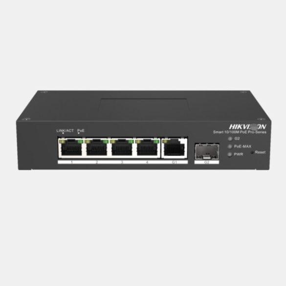 Hikvision DS-3T1306P-SI/HS 6 portos ipari 10/100 PoE switch (60 W); 4 PoE+ / 1 RJ45 + 1 SFP uplink port; menedzselhető