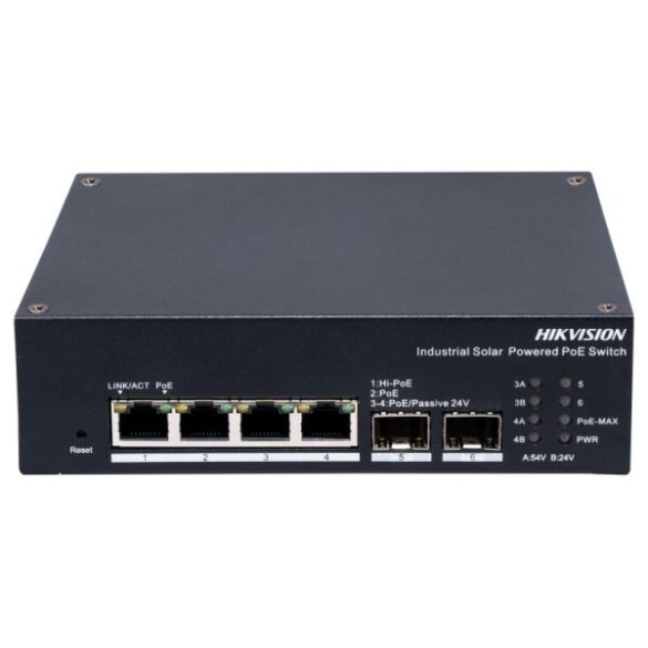 Hikvision DS-3T1506HP-EI-UPS 6 portos ipari Gbit PoE switch (120 W); 4 PoE+ / 2 SFP uplink port; 1 RS485 port; menedzselhető