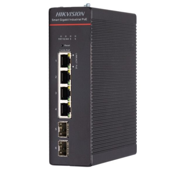 Hikvision DS-3T1506HP-SI-4P2F/No Power 6 portos ipari PoE switch (300 W); 4 PoE+/ 2 SFP uplink; menedzselhető; táp nélkül