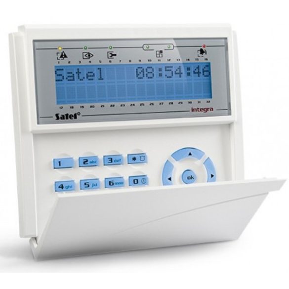 Satel INT-KLCD-BL LCD kezelő INTEGRA központokhoz; lenyíló billentyűzetvédővel; kék háttérfény és kijelző