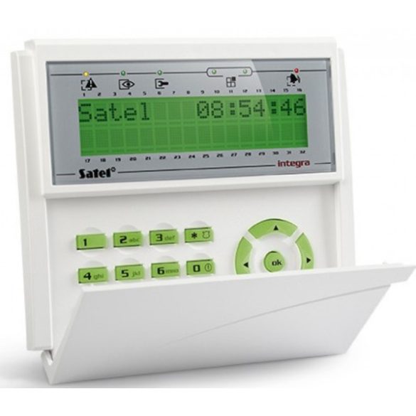 Satel INT-KLCD-GR LCD kezelő INTEGRA központokhoz; lenyíló billentyűzetvédővel; zöld háttérfény és kijelző