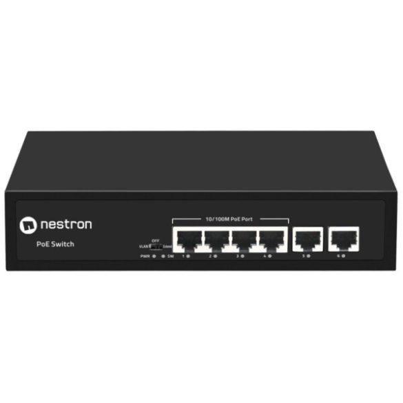 Nestron NSP-104F02F-65M 6 portos 10/100 PoE switch (65 W); 4 PoE+ / 2 RJ45 uplink port; nem menedzselhető