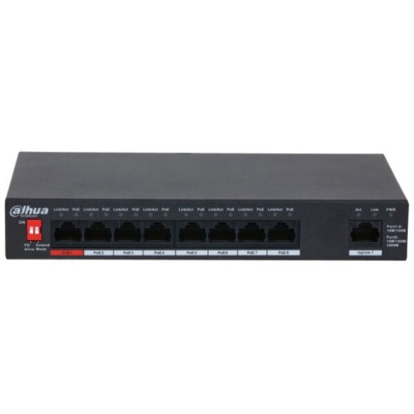 Dahua PFS3009-8ET1GT-96-V2 9 portos PoE switch (96 W); 7 PoE+ / 1 HiPoE+ / 1 RJ45 uplink port; nem menedzselhető