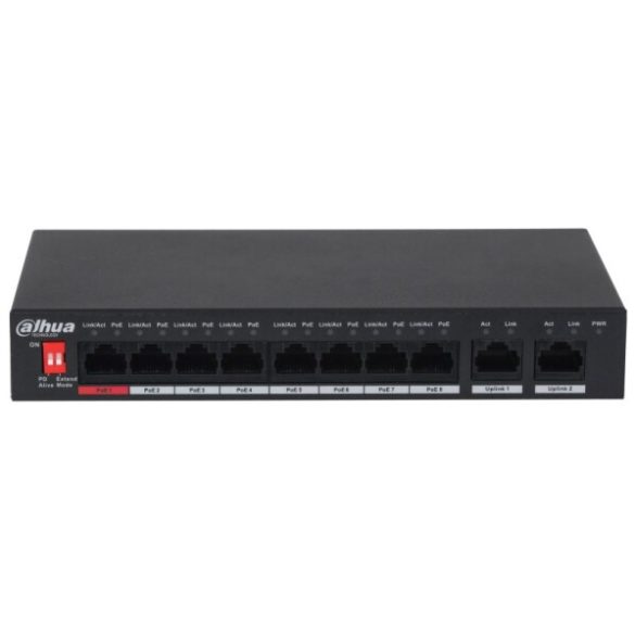 Dahua PFS3010-8ET-96-V2 10 portos PoE switch (96 W); 7 PoE+ / 1 HiPoE+ / 2 RJ45 uplink port; nem menedzselhető