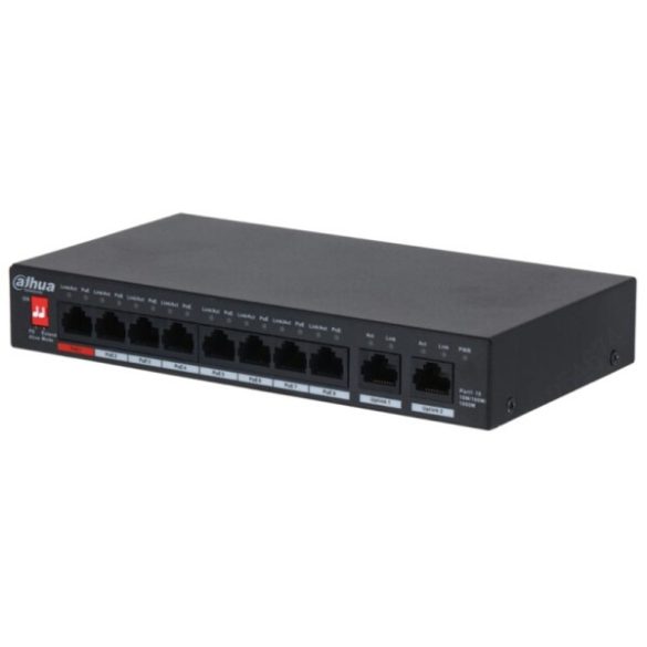 Dahua PFS3010-8GT-96-V2 10 portos Gbit PoE switch (96 W); 6 PoE+ / 2 HiPoE+ / 2 RJ45 uplink port; nem menedzselhető