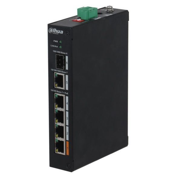 Dahua PFS3106-4ET-60-V2 6 portos ipari PoE switch (60 W); 3 PoE+ / 1 HiPoE / 1 RJ45 + 1 SFP uplink port; nem menedzselhető