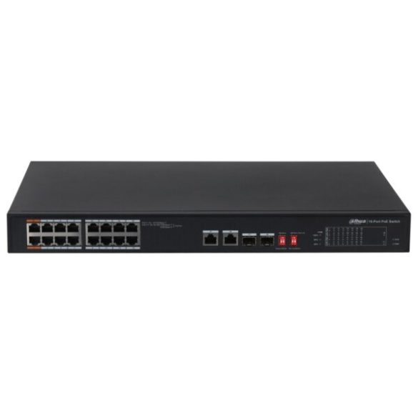 Dahua PFS3218-16ET-135 18 portos PoE switch (135 W); 14 PoE+ / 2 HiPoE / 2 combo uplink port; nem menedzselhető
