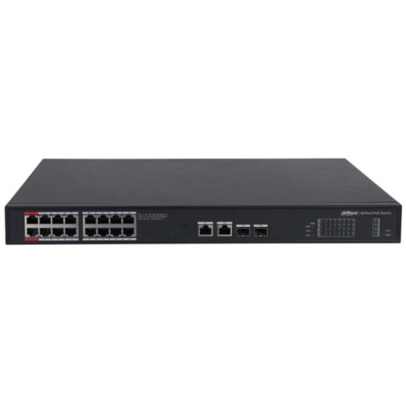 Dahua PFS3220-16GT-240-V2 20 portos Gbit PoE switch (240 W); 14 PoE+ / 2 HiPoE+ / 2 RJ45 + 2 SFP uplink port;nem menedzselhető