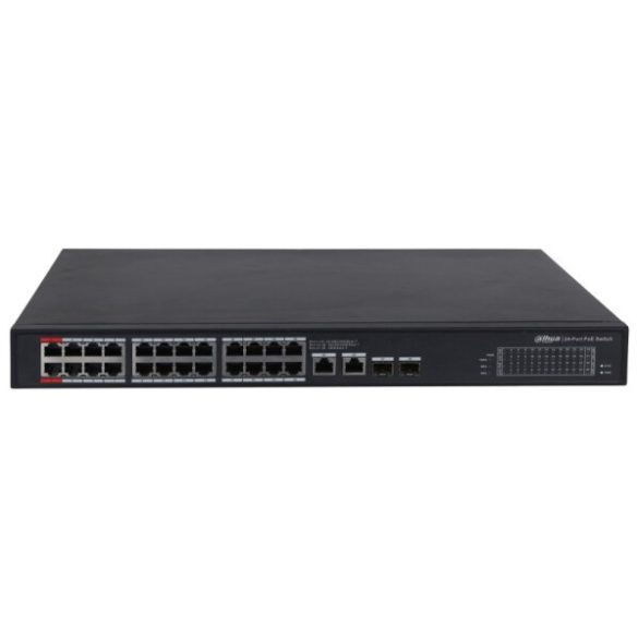 Dahua PFS3228-24GT-360-V2 28 portos Gbit PoE switch (240 W); 22 PoE+ / 2 HiPoE+ / 2 RJ45 + 2 SFP uplink port;nem menedzselhető