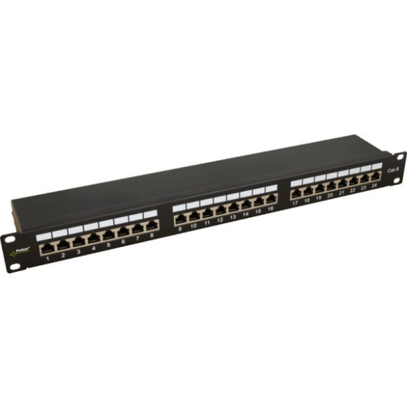 Pulsar RP-F24V6 19" patch panel; 24 port; cat6; árnyékolt; tehermentesítővel; 90 fokos modulok