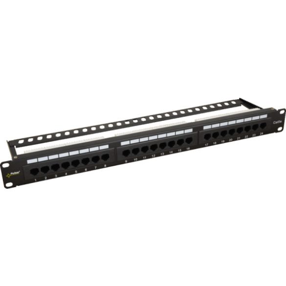 Pulsar RP-U24H5 19" patch panel; 24 port; cat5e; árnyékolatlan; tehermentesítővel; 180 fokos modulok