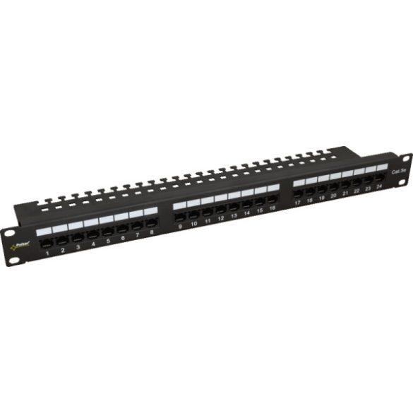 Pulsar RP-U24V5 19" patch panel; 24 port; cat5e; árnyékolatlan; tehermentesítővel; 90 fokos modulok
