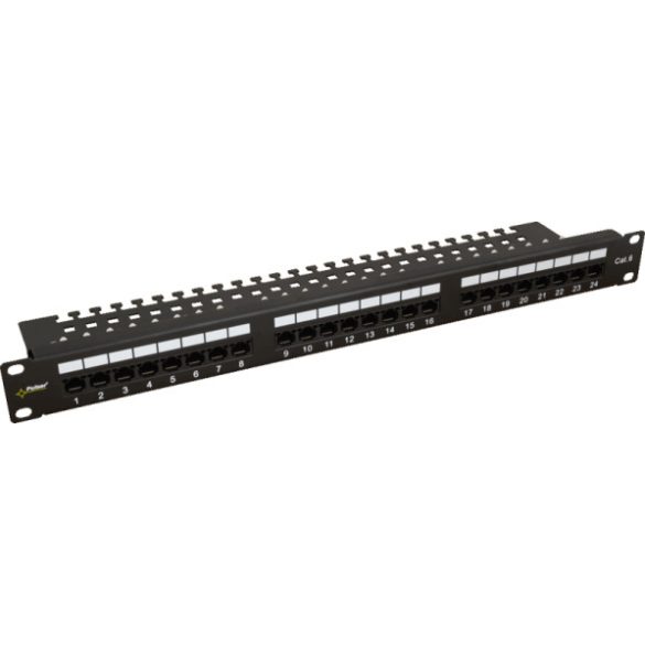 Pulsar RP-U24V6 19" patch panel; 24 port; cat6; árnyékolatlan; tehermentesítővel; 90 fokos modulok
