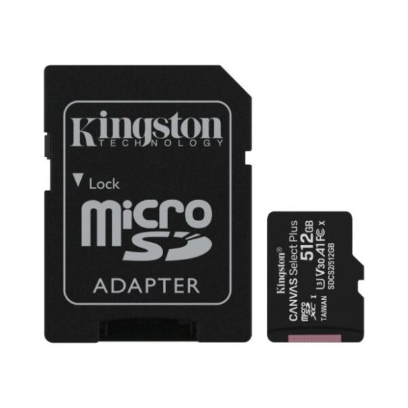 Kingston SDCS2/512GB 512GB microSD kártya; microSDXC; UHS-I Speed Class; U3; V30; adapterrel
