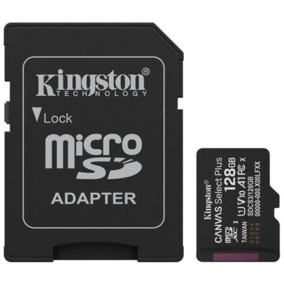 Kingston SDCS3/128GB 128GB microSD kártya; microSDXC; UHS-I Speed Class; U1; V10; adapterrel
