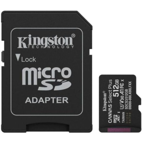 Kingston SDCS3/512GB 512GB microSD kártya; microSDXC; UHS-I Speed Class; U3; V30; adapterrel