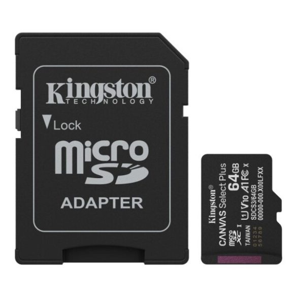 Kingston SDCS3/64GB 64GB microSD kártya; microSDXC; UHS-I Speed Class; U1; V10; adapterrel